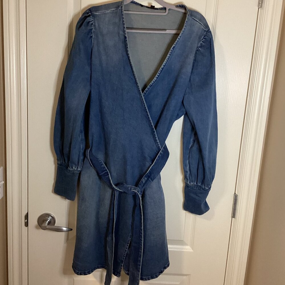 Buffalo Women's Jean Denim Wrap Mini Dress Size L Long Sleeves Stretchy